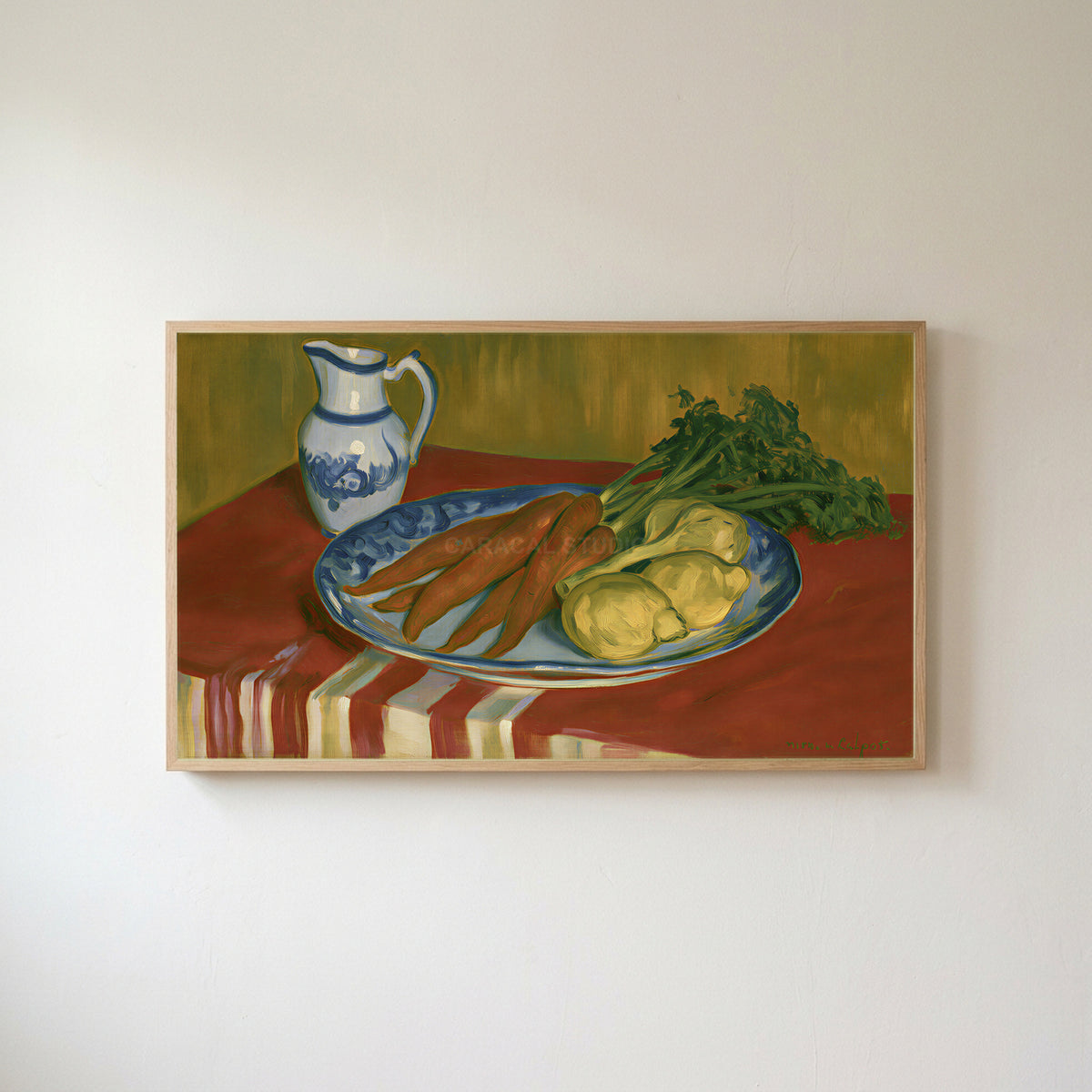 Vintage carrot still life Frame TV art in an oak frame on a warm white wall