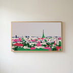 Paris skyline Frame TV art in an oak frame on a warm white wall
