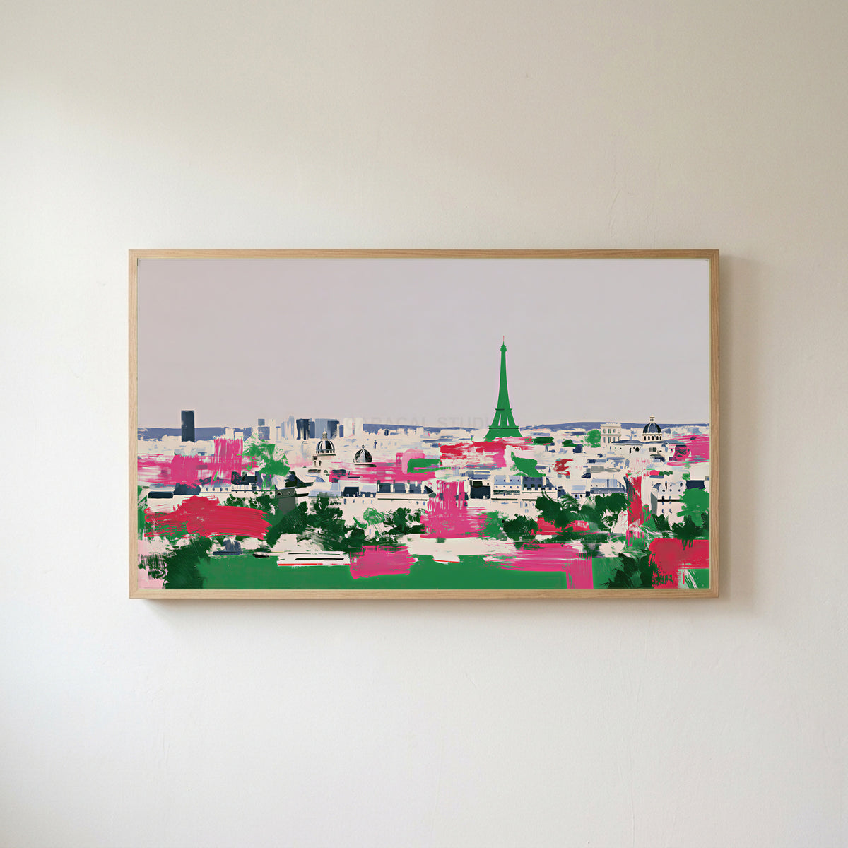 Paris skyline Frame TV art in an oak frame on a warm white wall
