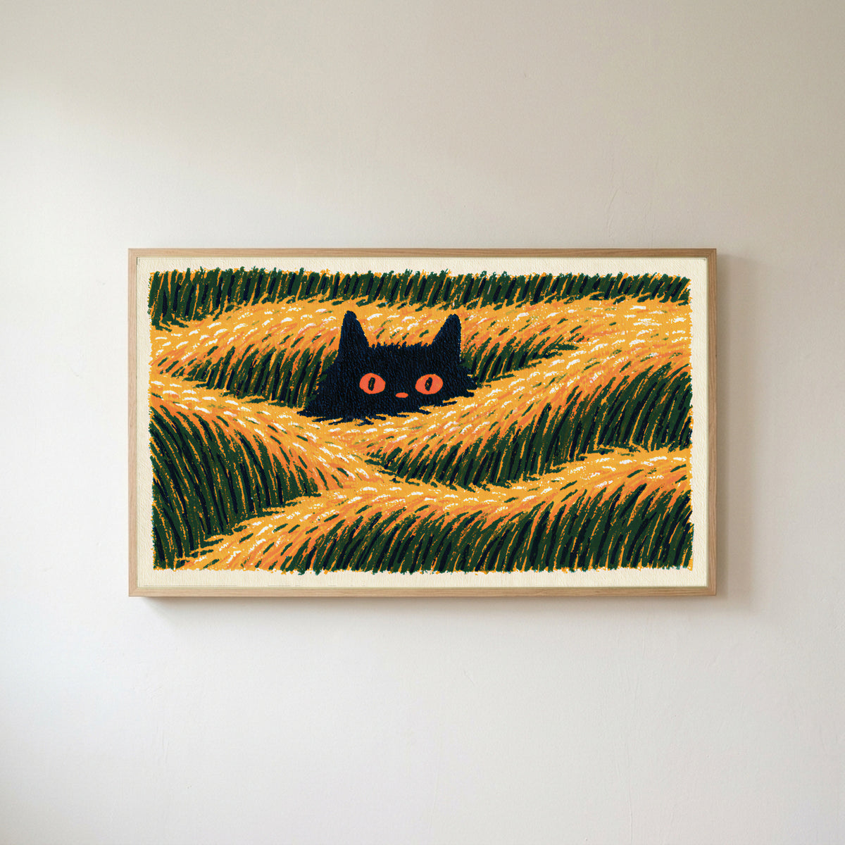 Black cat in grass Frame TV art in an oak frame on a warm white wall