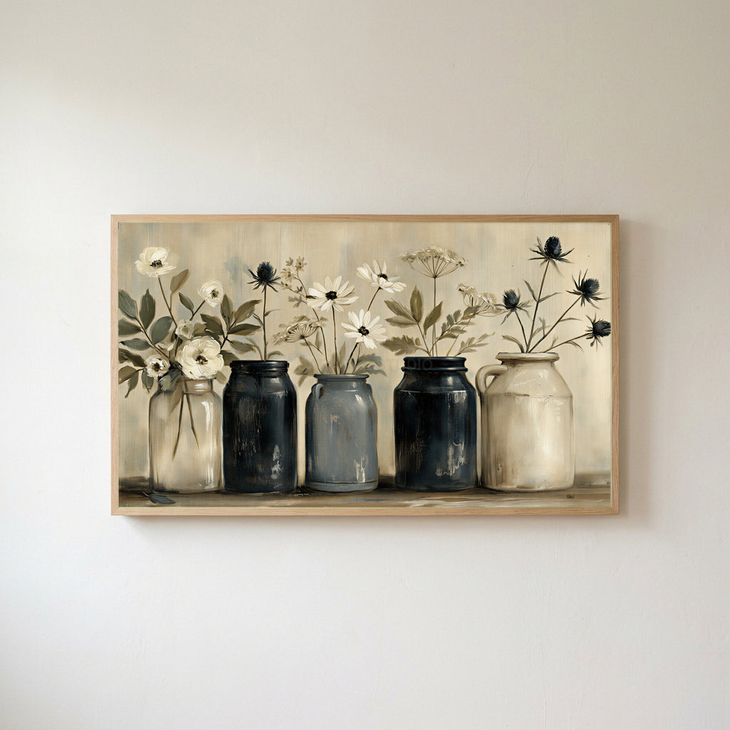 Farmhouse flower jars Frame TV art in an oak frame on a warm white wall