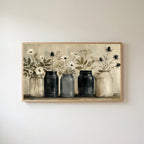 Farmhouse flower jars Frame TV art in an oak frame on a warm white wall