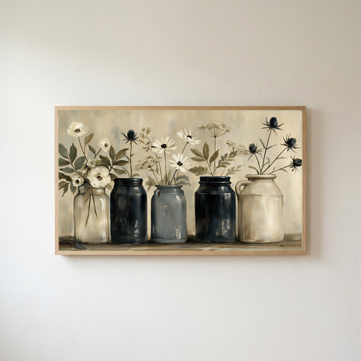 Farmhouse flower jars Frame TV art in an oak frame on a warm white wall