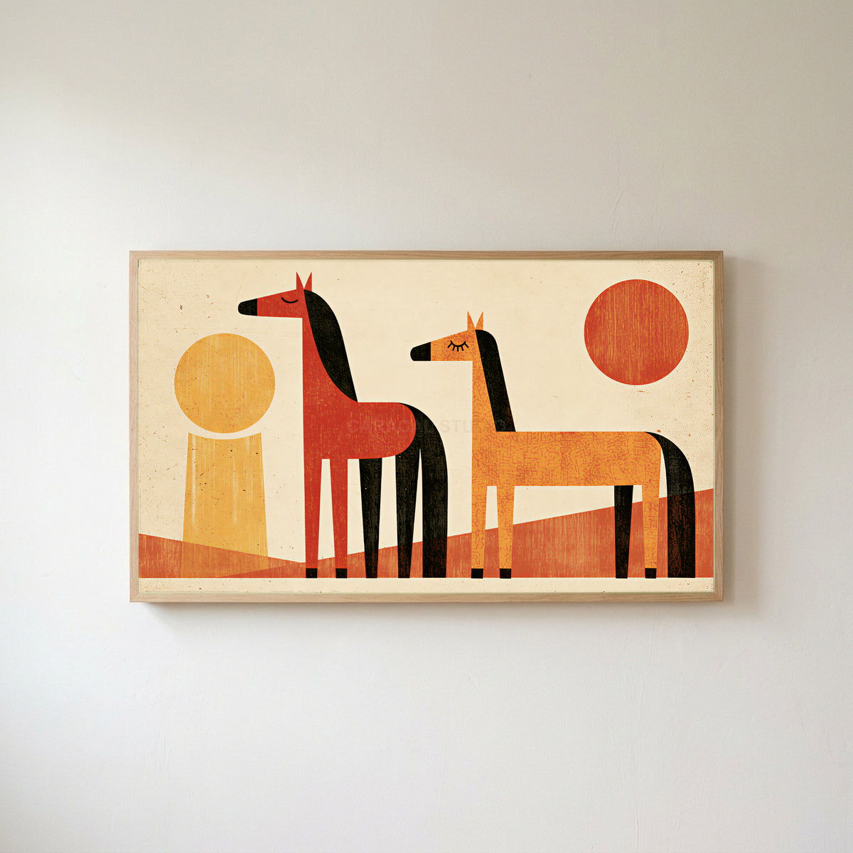Retro horses Frame TV art in an oak frame on a warm white wall