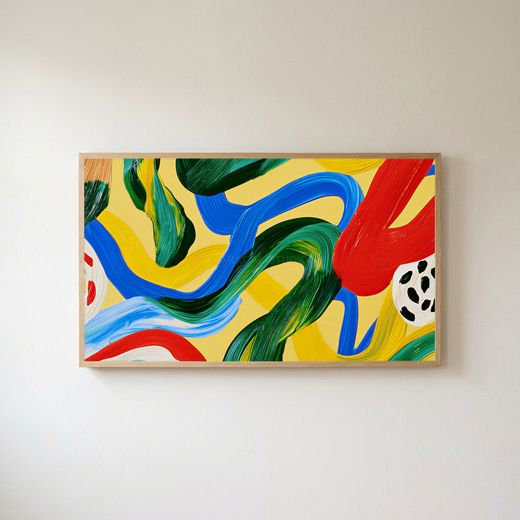 Colorful brushstroke loops Frame TV art in an oak frame on a warm white wall