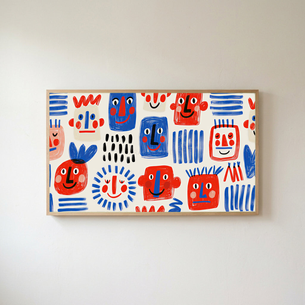 Doodle faces Frame TV art in an oak frame on a warm white wall