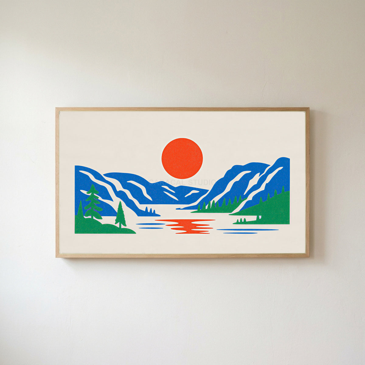 Mountain lake sun Frame TV art in an oak frame on a warm white wall