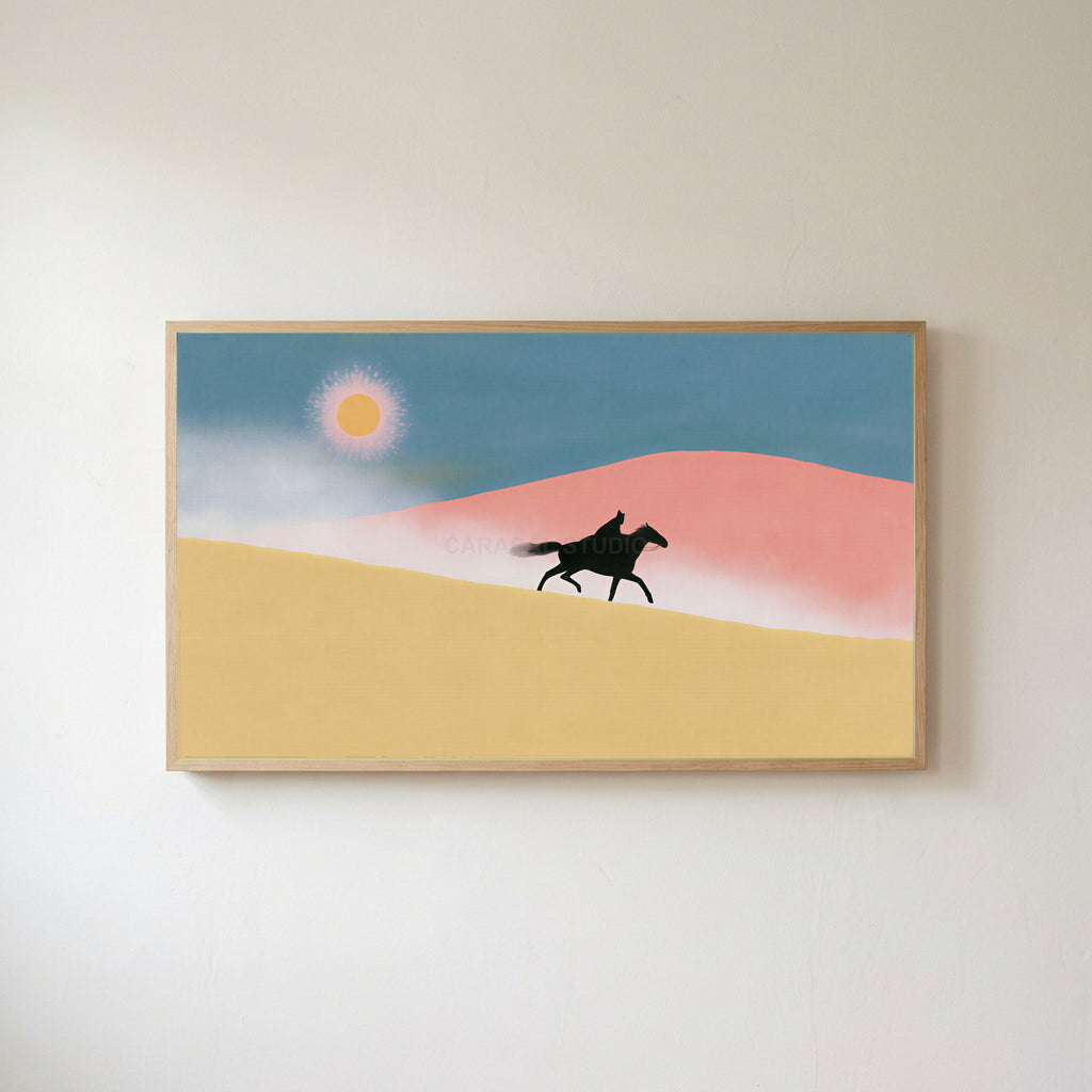Rider in the desert Frame TV art in an oak frame on a warm white wall