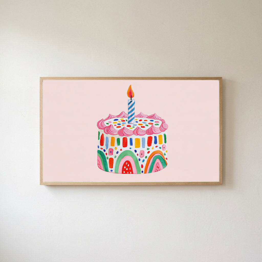 Rainbow birthday cake Frame TV art in an oak frame on a warm white wall