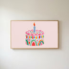 Rainbow birthday cake Frame TV art in an oak frame on a warm white wall