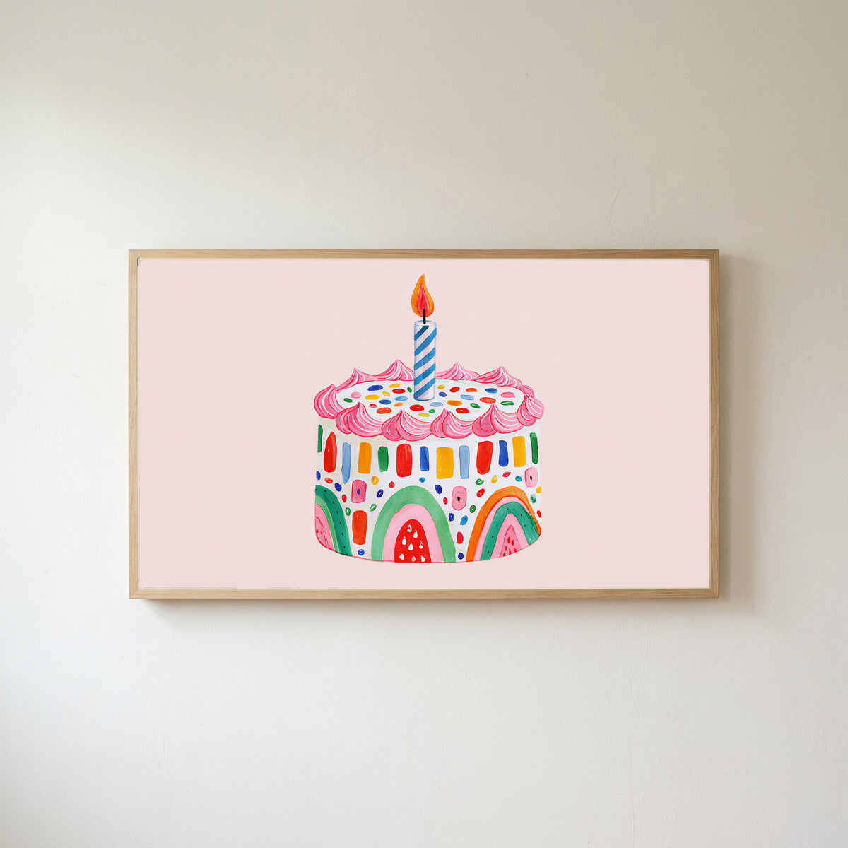 Rainbow birthday cake Frame TV art in an oak frame on a warm white wall