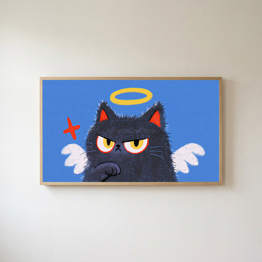 Angel kitten Frame TV art in an oak frame on a warm white wall