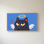 Angel kitten Frame TV art in an oak frame on a warm white wall