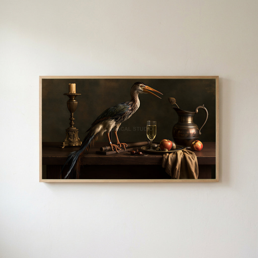 Heron still life Frame TV art in an oak frame on a warm white wall