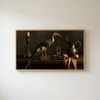 Heron still life Frame TV art in an oak frame on a warm white wall