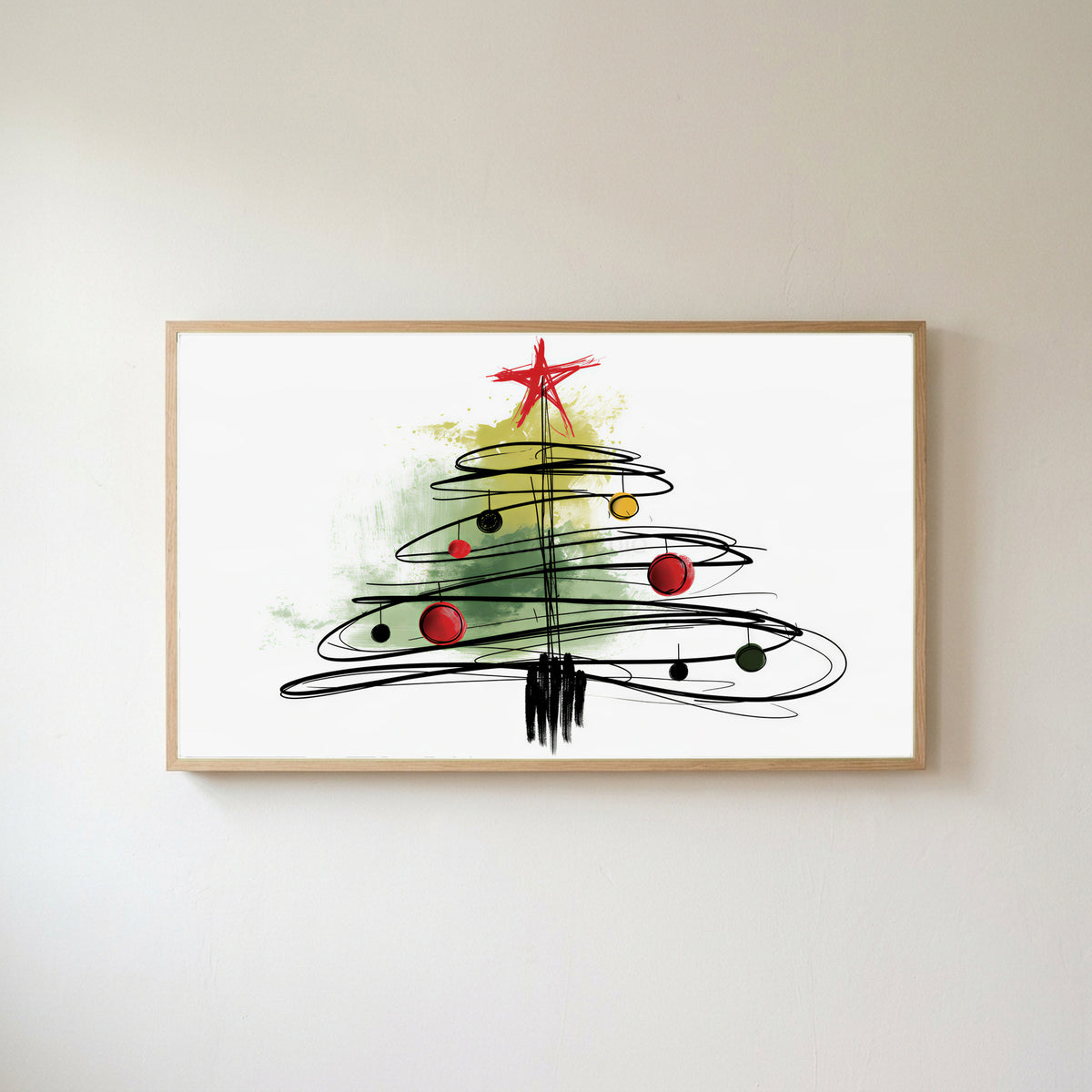 Scribble Christmas tree Frame TV art in an oak frame on a warm white wall