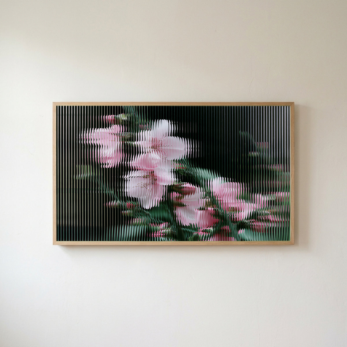 Fluted glass blossom Frame TV art in an oak frame on a warm white wall