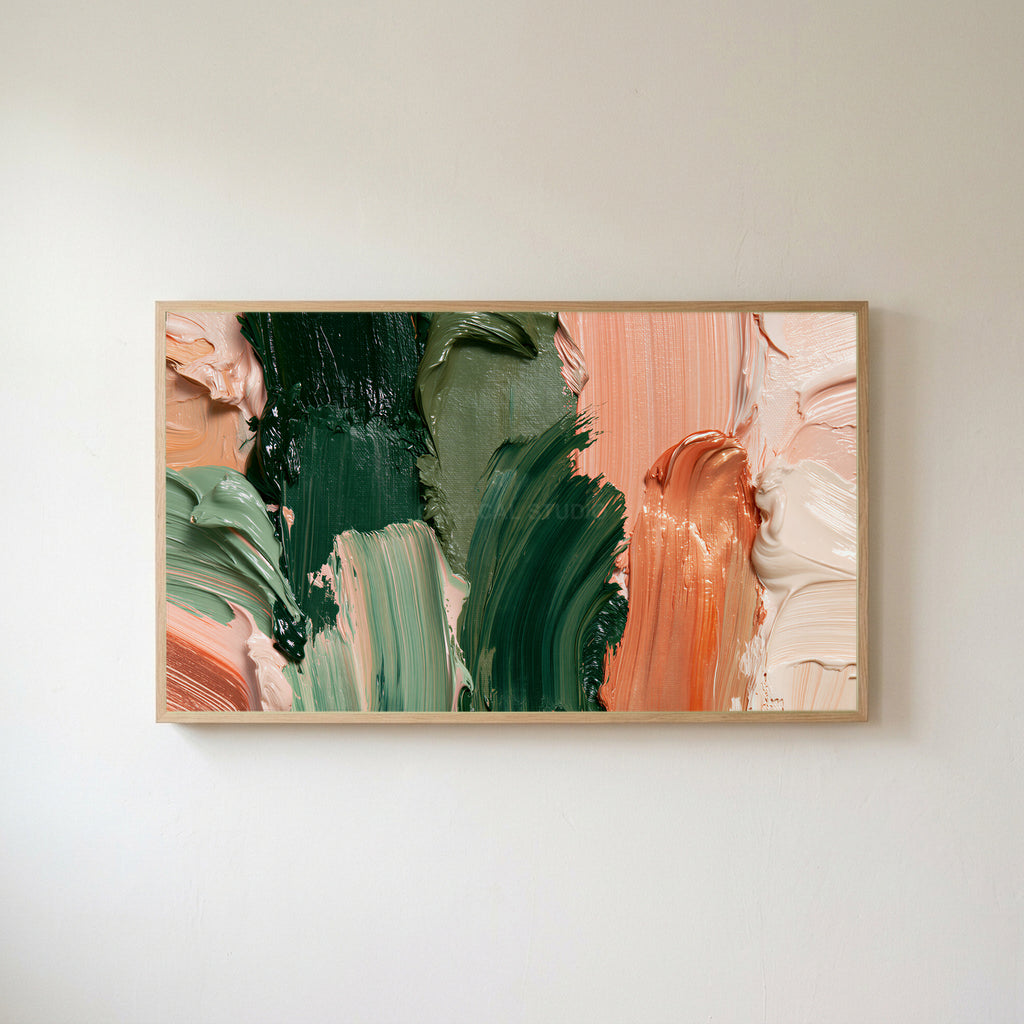 Green and copper strokes Frame TV art in an oak frame on a warm white wall