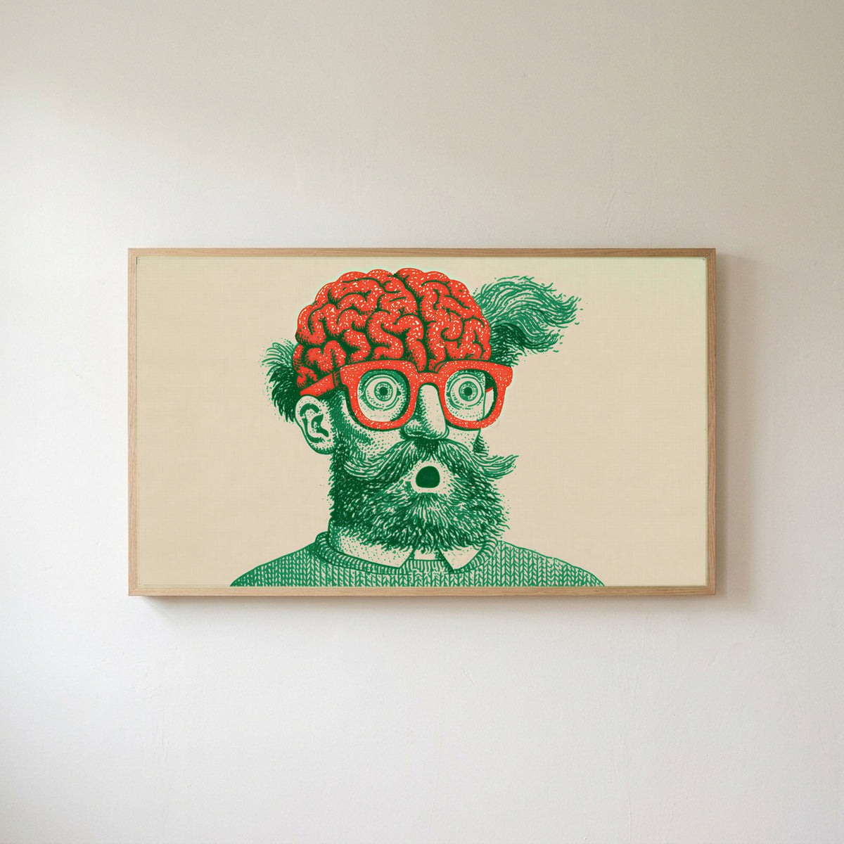 Brain and glasses portrait Frame TV art in an oak frame on a warm white wall