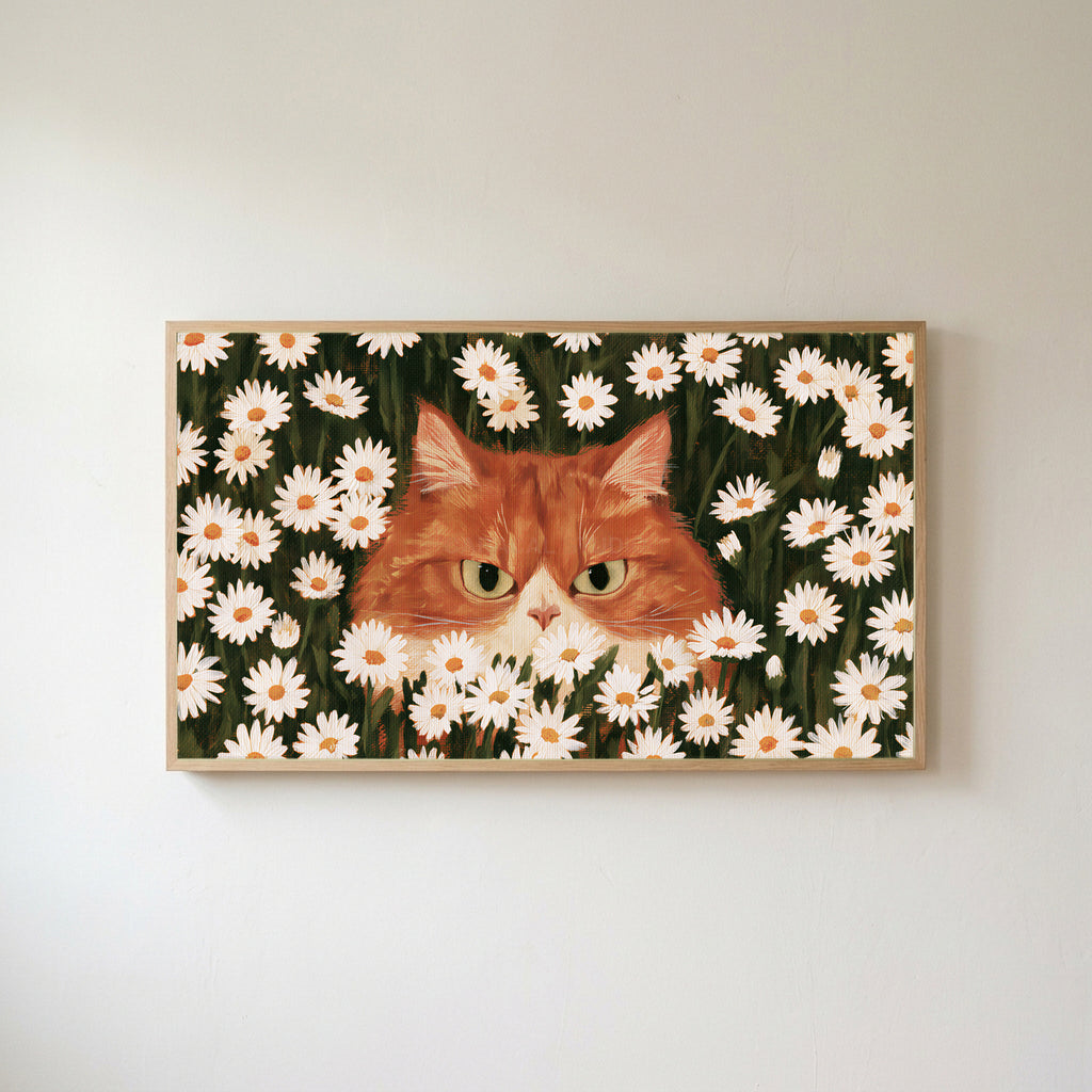 Ginger cat in daisies Frame TV art in an oak frame on a warm white wall