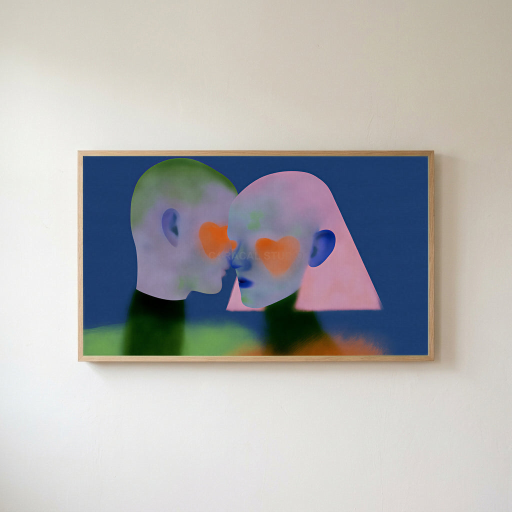 Heart cheek portrait Frame TV art in an oak frame on a warm white wall