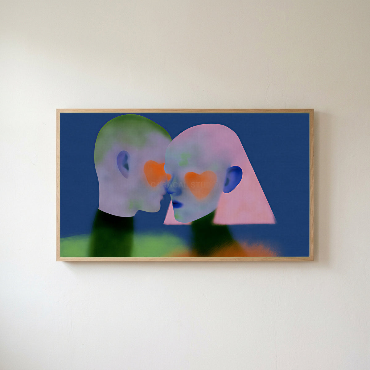 Heart cheek portrait Frame TV art in an oak frame on a warm white wall