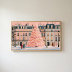 Paris pink Christmas tree Frame TV art in an oak frame on a warm white wall