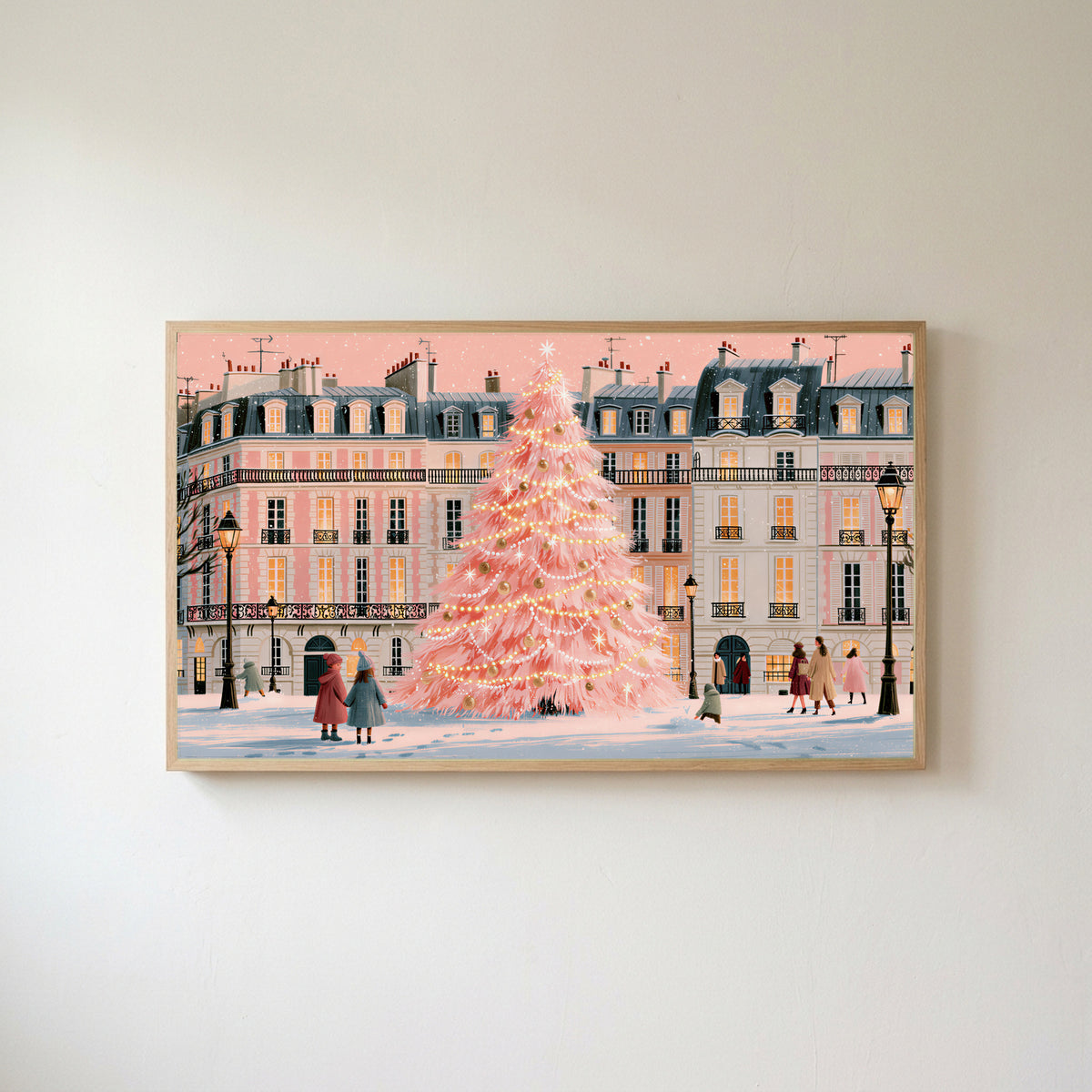 Paris pink Christmas tree Frame TV art in an oak frame on a warm white wall