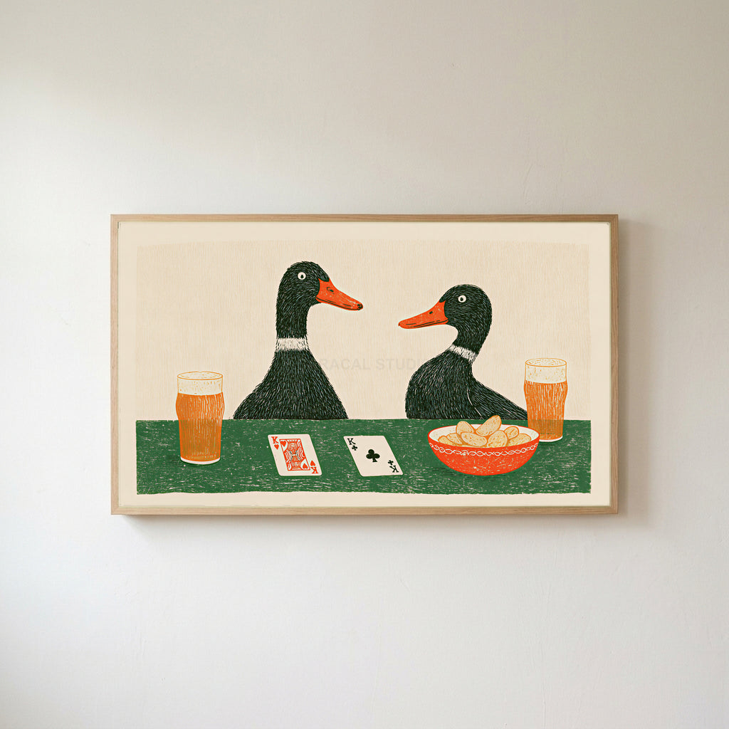Ducks playing poker Frame TV art in an oak frame on a warm white wall