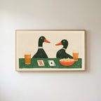 Ducks playing poker Frame TV art in an oak frame on a warm white wall