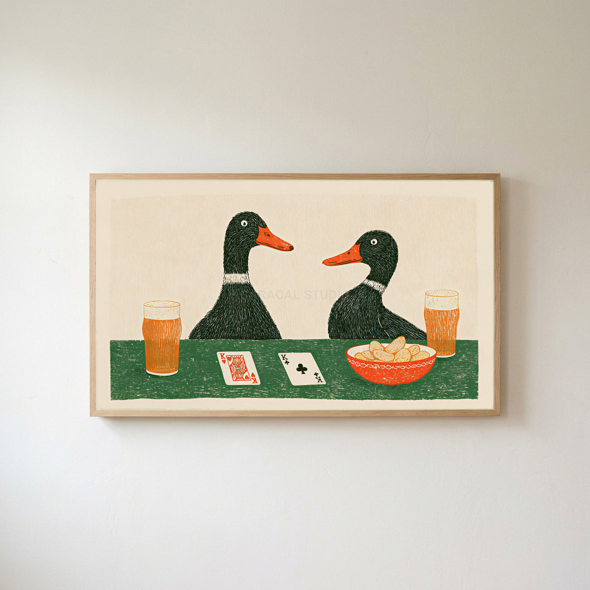 Ducks playing poker Frame TV art in an oak frame on a warm white wall