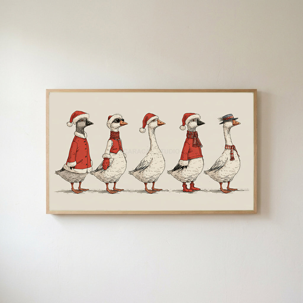 Geese in Santa hats Frame TV art in an oak frame on a warm white wall