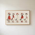 Geese in Santa hats Frame TV art in an oak frame on a warm white wall