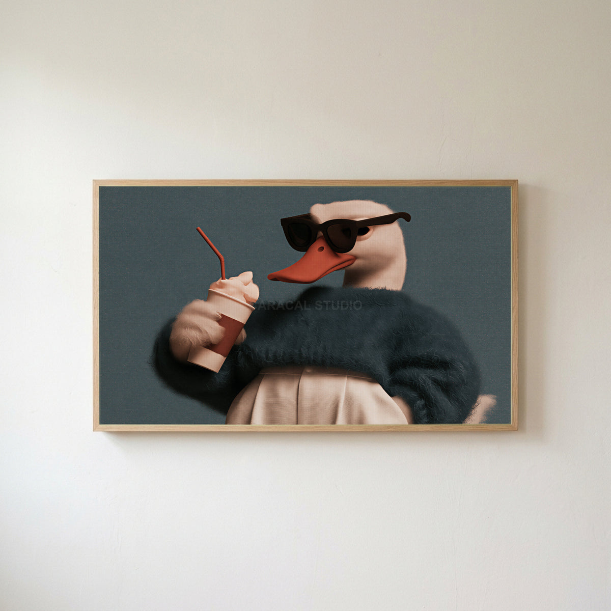 Cool duck Frame TV art in an oak frame on a warm white wall