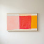 Abstract color blocks Frame TV art in an oak frame on a warm white wall