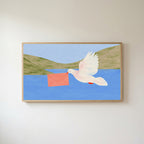 Dove with a letter Frame TV art in an oak frame on a warm white wall
