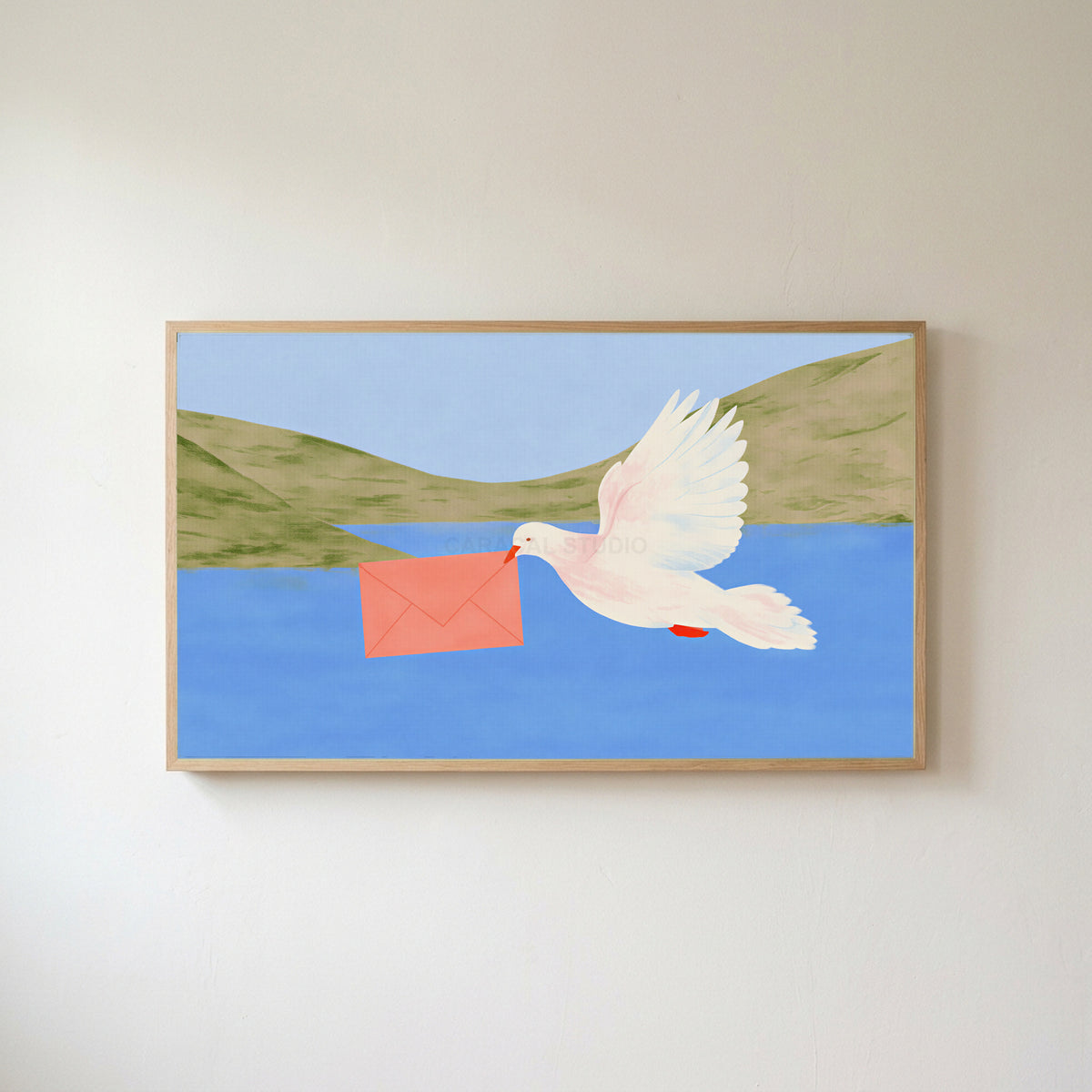 Dove with a letter Frame TV art in an oak frame on a warm white wall