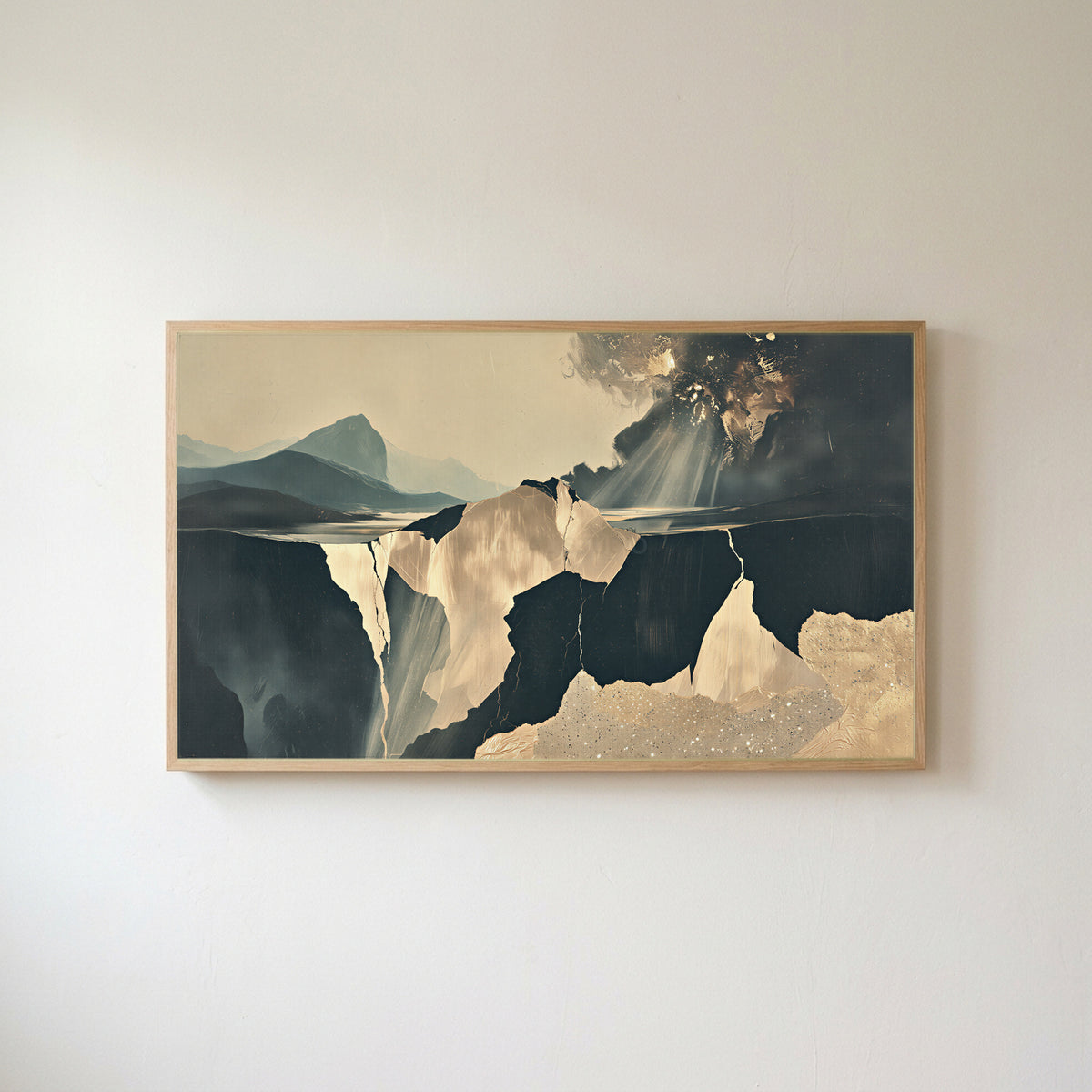 Moody abstract cliffs Frame TV art in an oak frame on a warm white wall