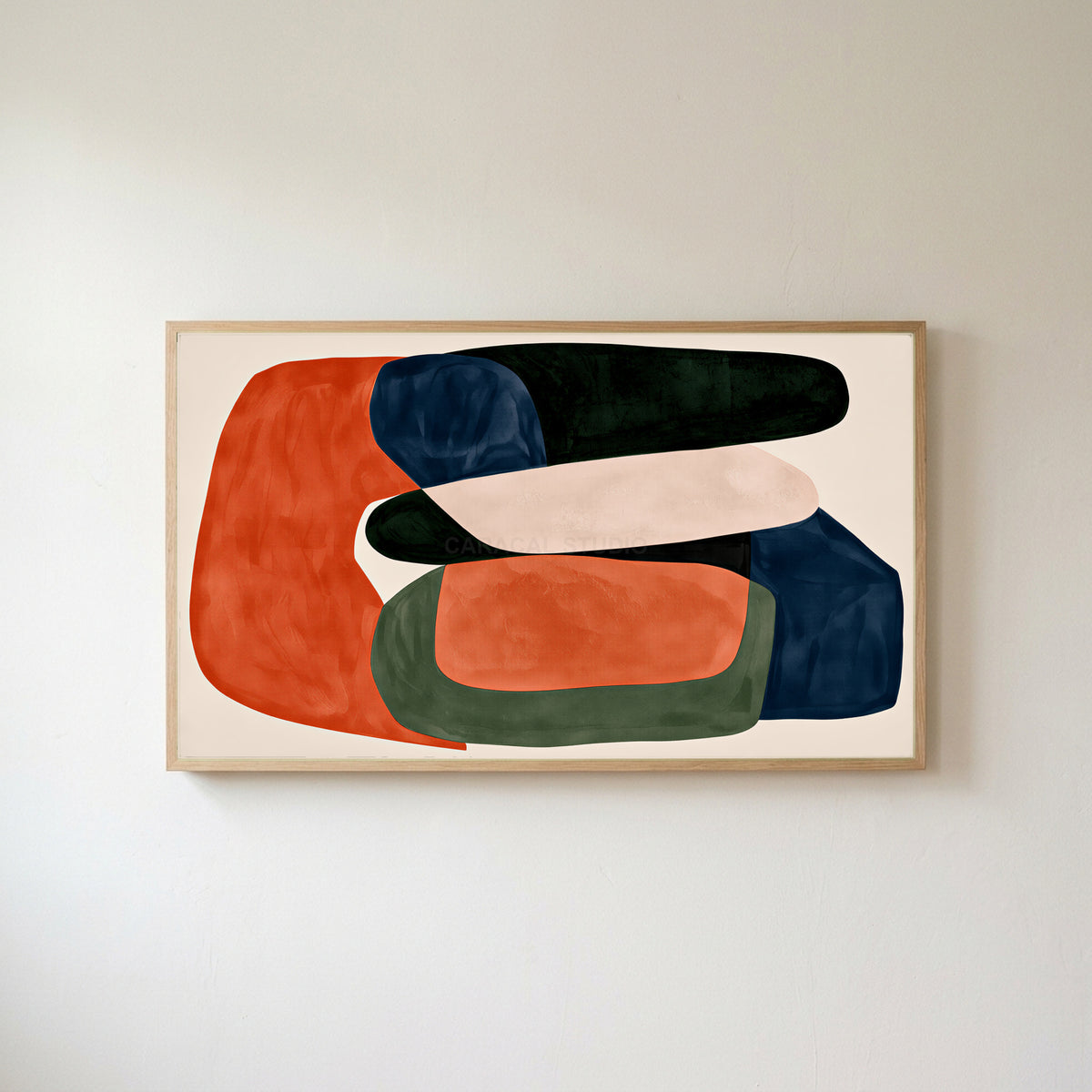 Abstract organic shapes Frame TV art in an oak frame on a warm white wall