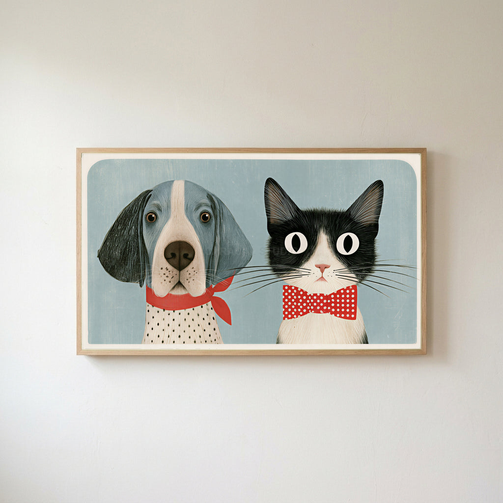 Dog and cat Frame TV art in an oak frame on a warm white wall