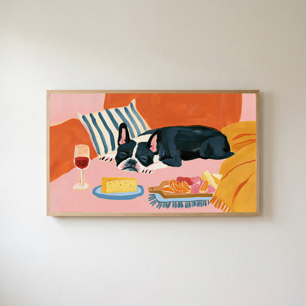 Sleeping French bulldog Frame TV art in an oak frame on a warm white wall