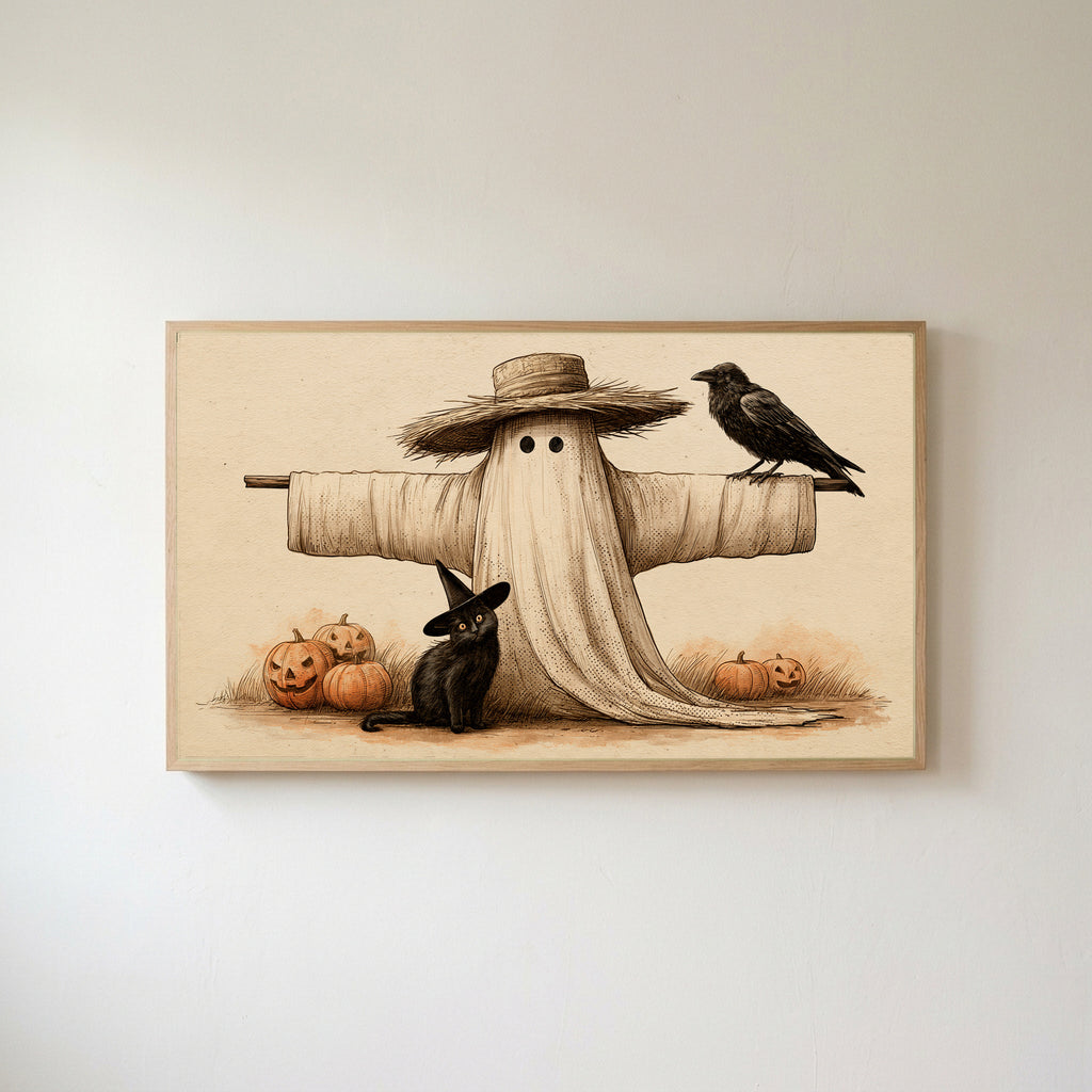 Ghost scarecrow Frame TV art in an oak frame on a warm white wall