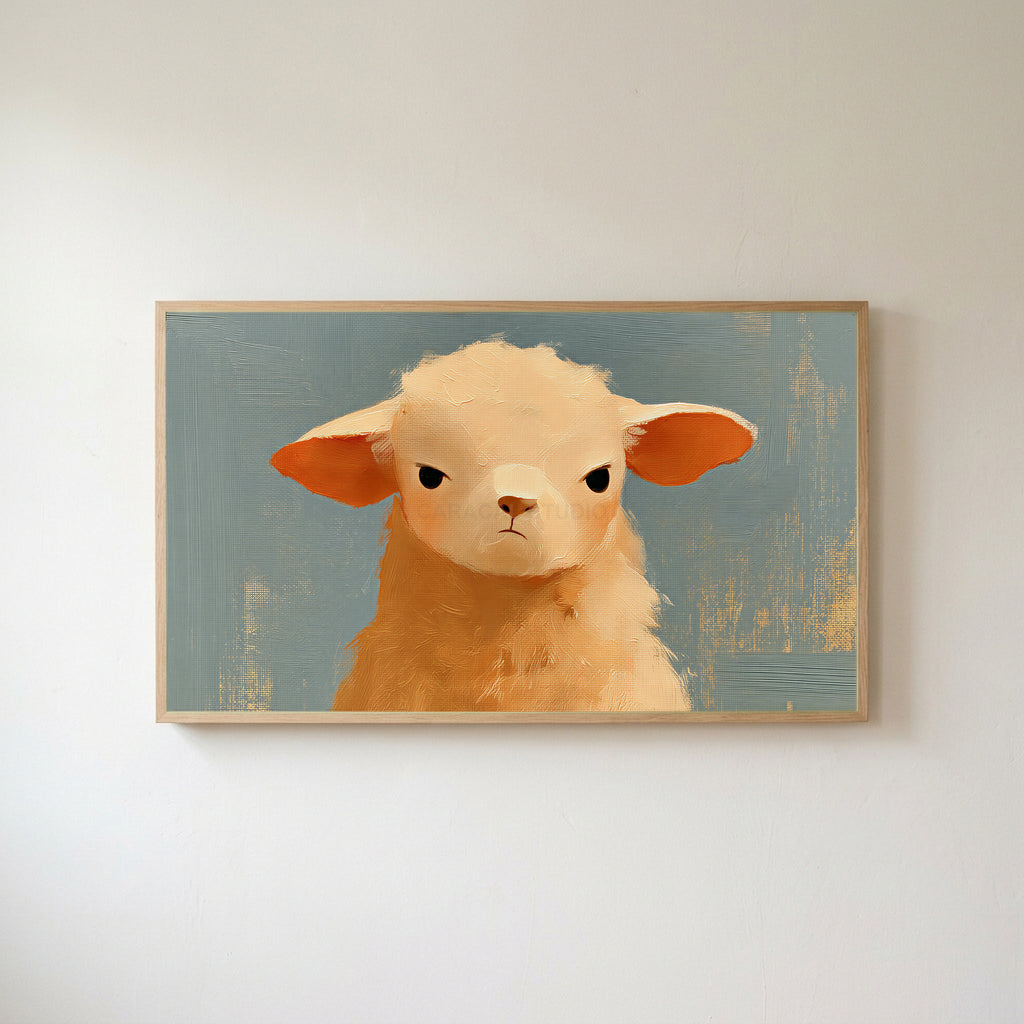 Grumpy lamb Frame TV art in an oak frame on a warm white wall