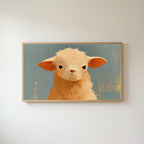 Grumpy lamb Frame TV art in an oak frame on a warm white wall
