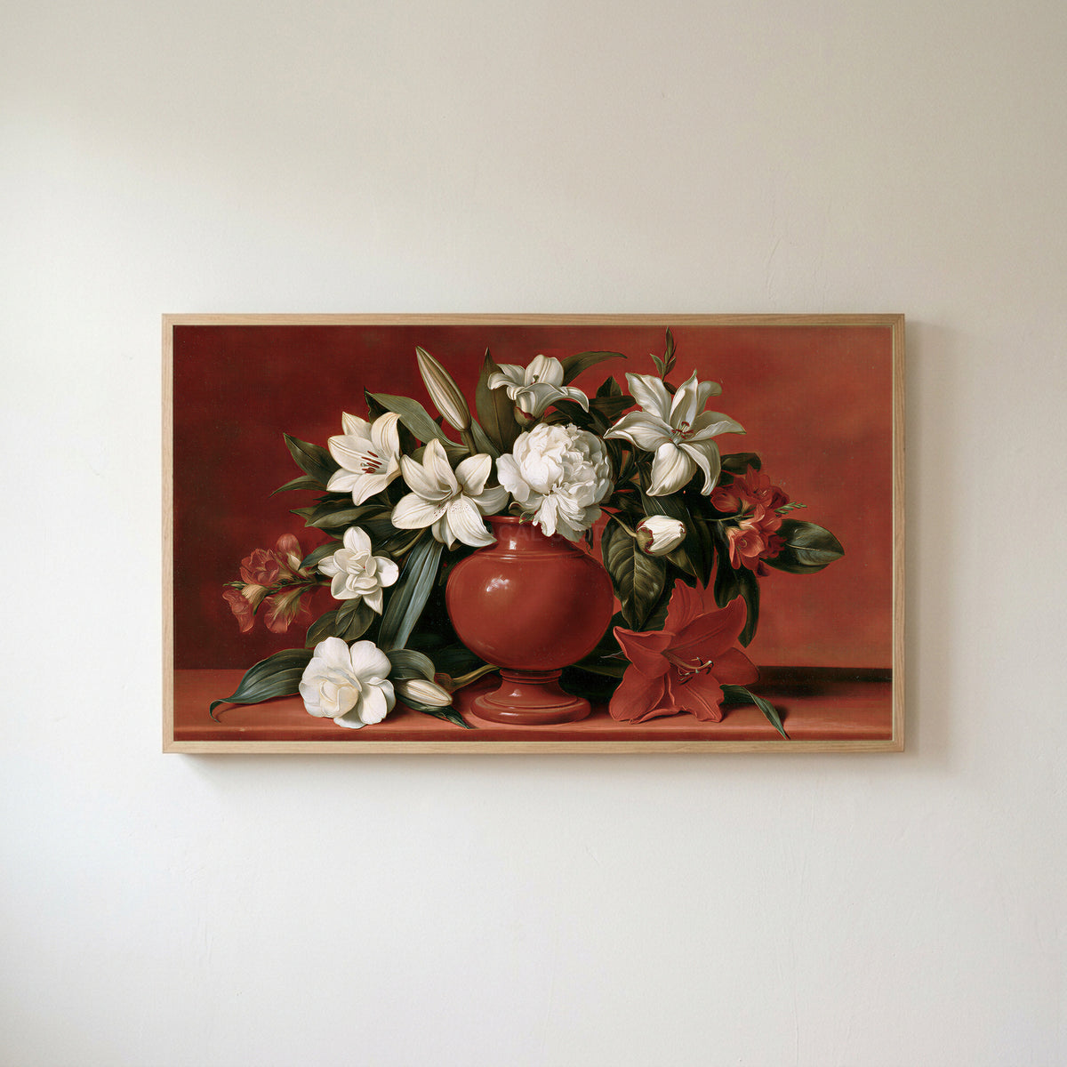 White lilies in a red vase Frame TV art in an oak frame on a warm white wall