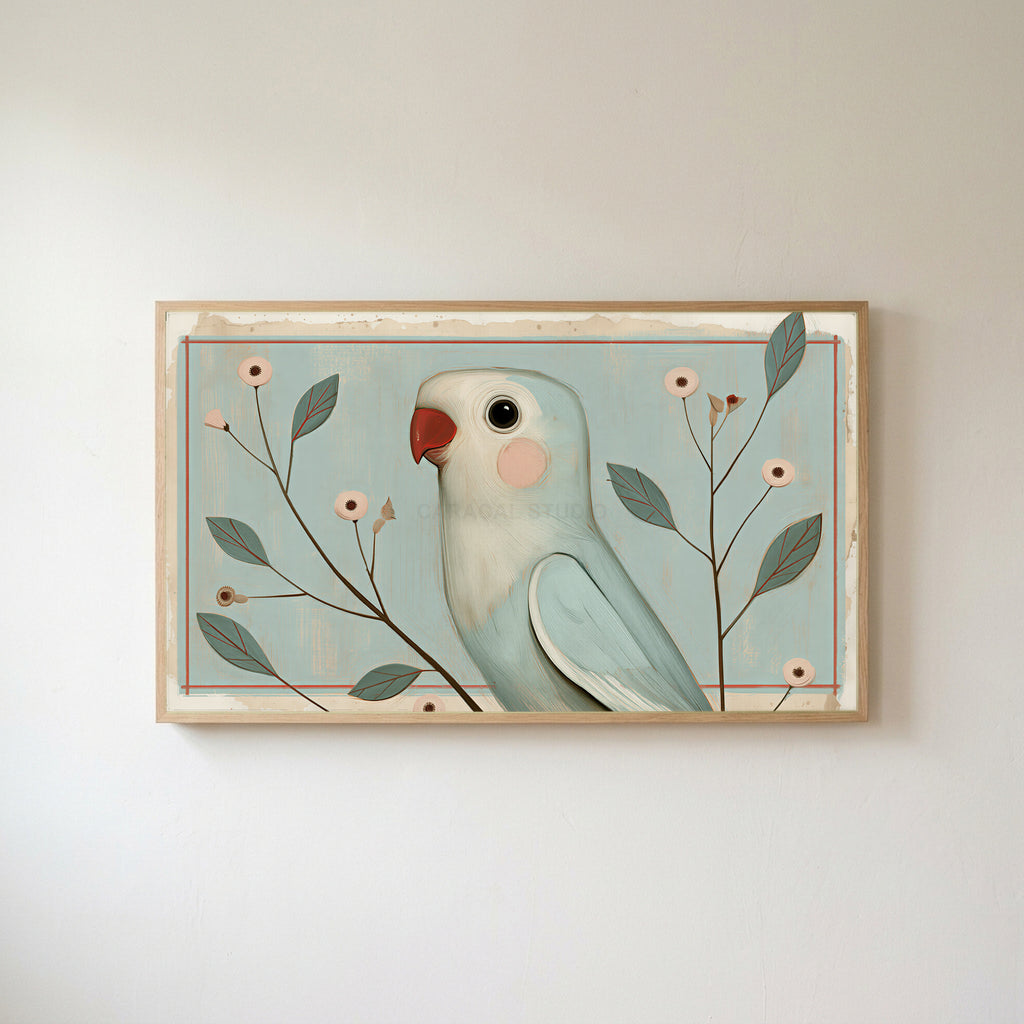 Vintage blue parrot Frame TV art in an oak frame on a warm white wall