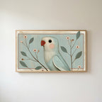 Vintage blue parrot Frame TV art in an oak frame on a warm white wall