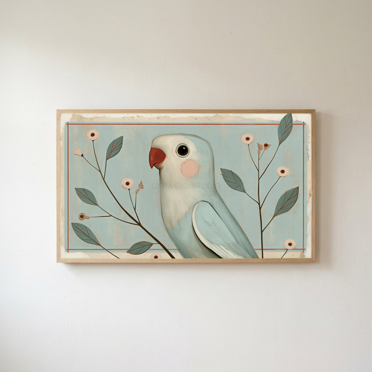 Vintage blue parrot Frame TV art in an oak frame on a warm white wall