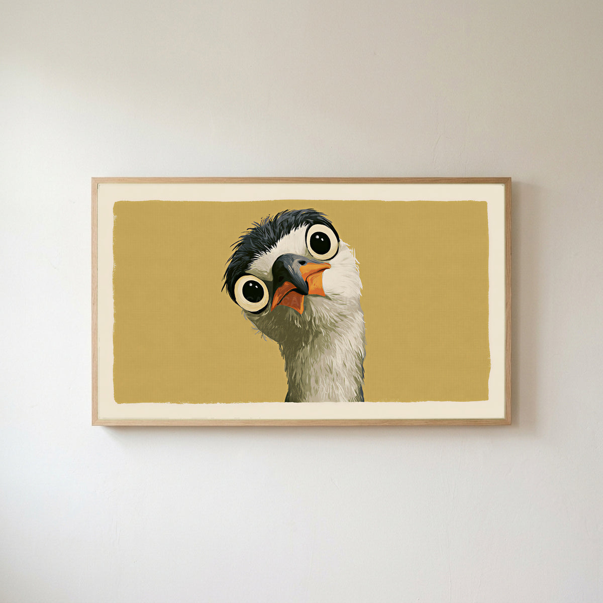Funny heron Frame TV art in an oak frame on a warm white wall