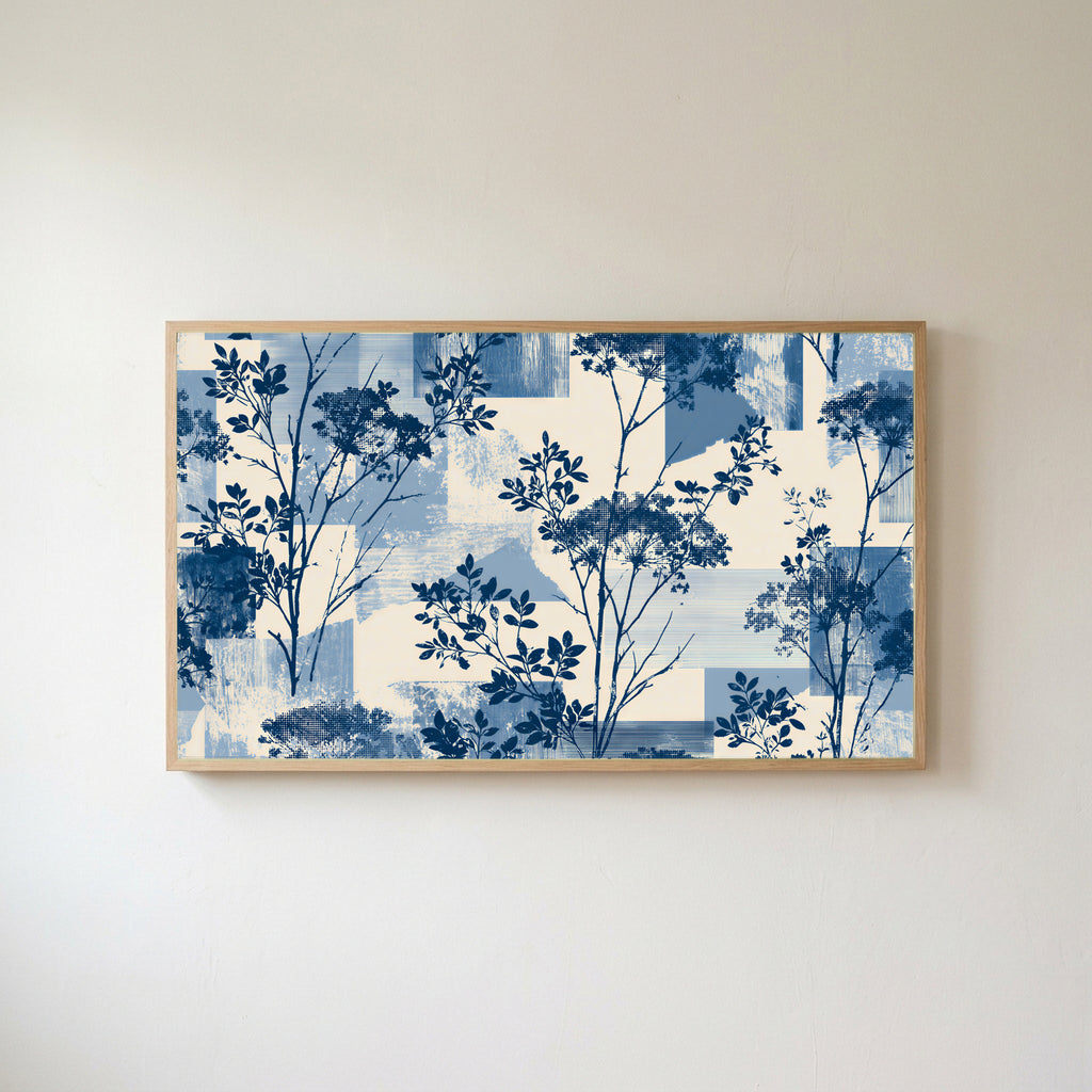 Blue botanical Frame TV art in an oak frame on a warm white wall